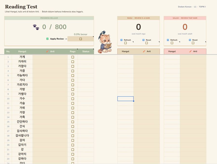 Tampilan Reading Test — Hangul ke arti dengan koreksi otomatis